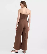 Petite Ruffled Ruched Linen Cotton Strapless Jumpsuit