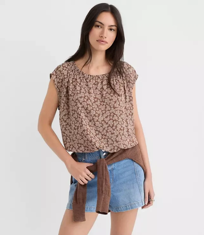 Petite Floral Bubble Hem Mixed Media Top