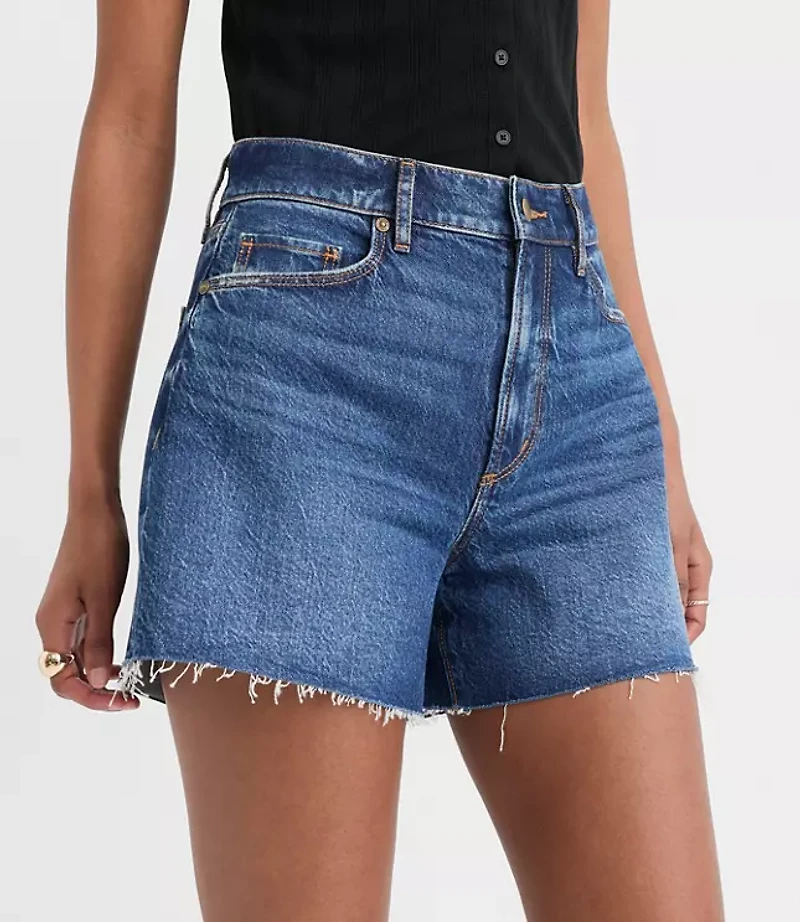 Rivete Petite Destructed High Rise Cut Off Denim Shorts Dark Wash