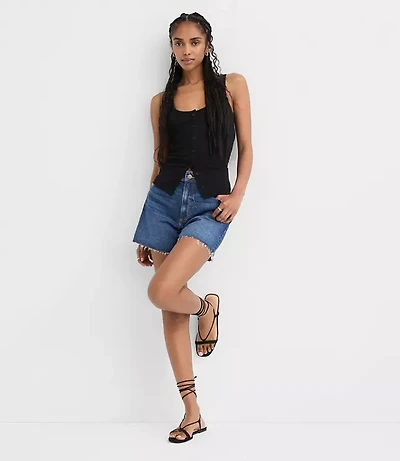 Rivete Petite Destructed High Rise Cut Off Denim Shorts Dark Wash