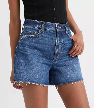 Rivete Petite Curvy Destructed High Rise Cut Off Denim Shorts Dark Wash