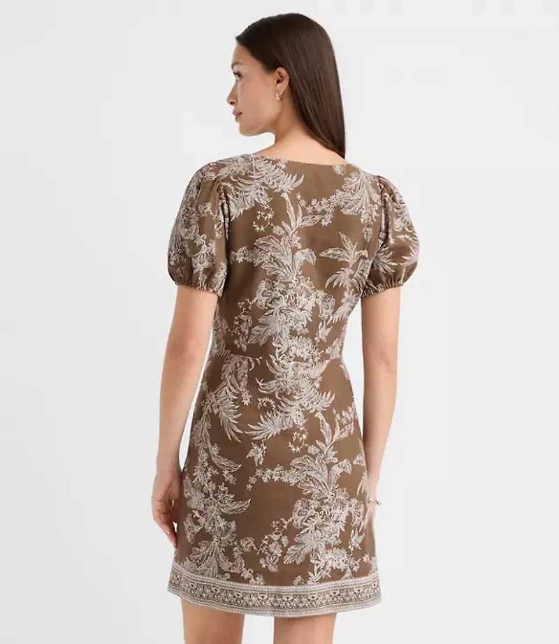 Petite Floral Toile Linen Blend Puff Sleeve Mini Dress