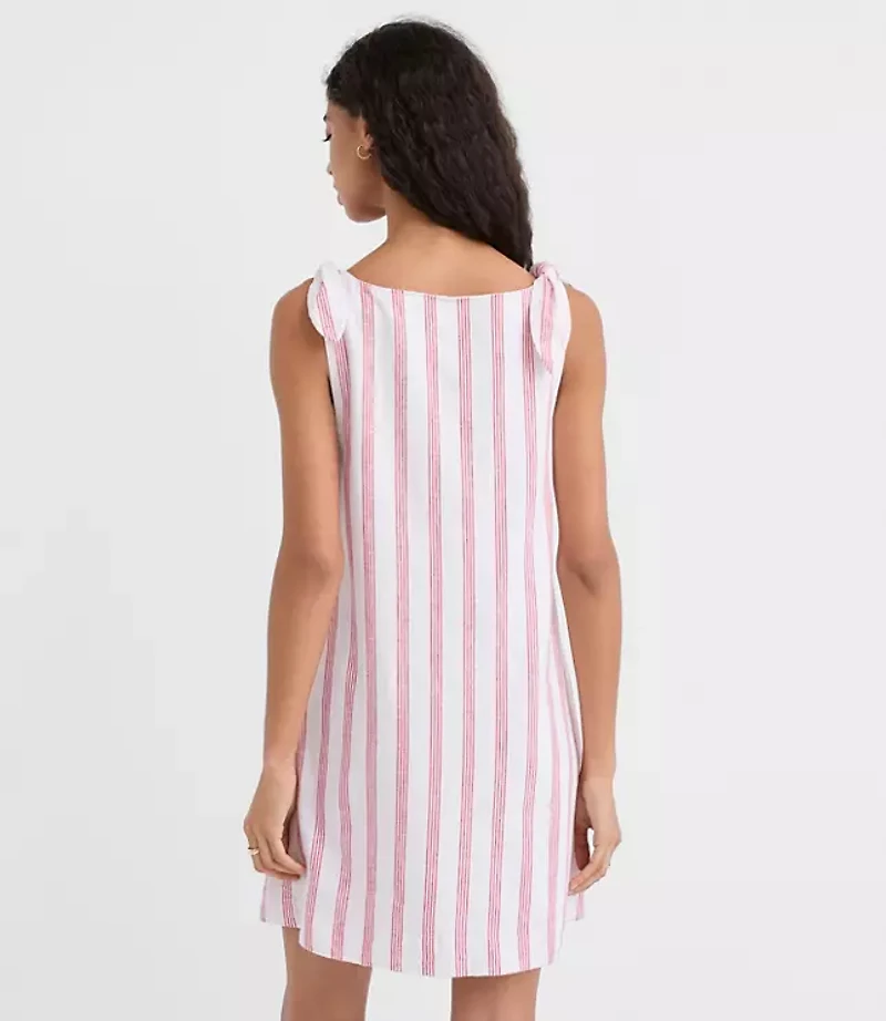 Petite Striped Linen Cotton Tie Boatneck Mini Dress