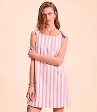 Petite Striped Linen Cotton Tie Boatneck Mini Dress