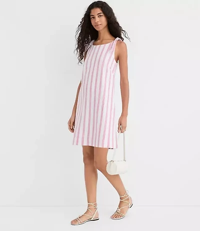 Petite Striped Linen Cotton Tie Boatneck Mini Dress