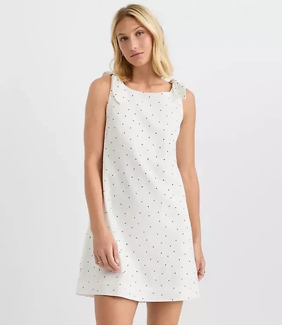 Petite Dotted Linen Cotton Tie Boatneck Mini Dress