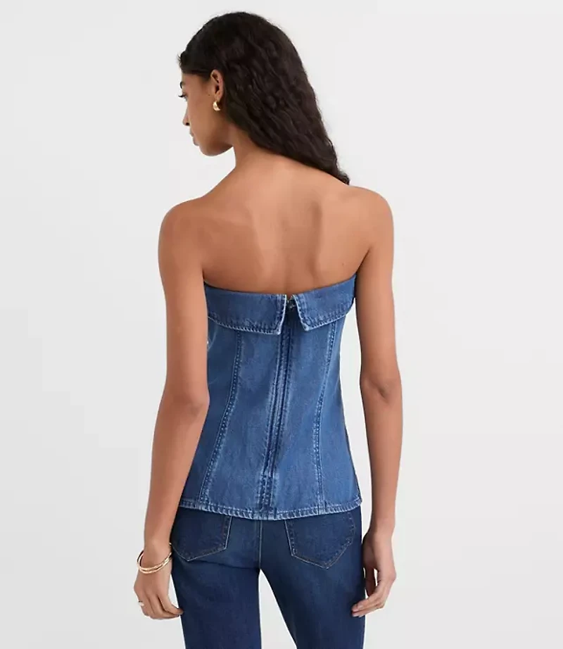 Petite Denim Foldover Strapless Top Classic Mid Wash