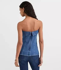 Petite Denim Foldover Strapless Top Classic Mid Wash