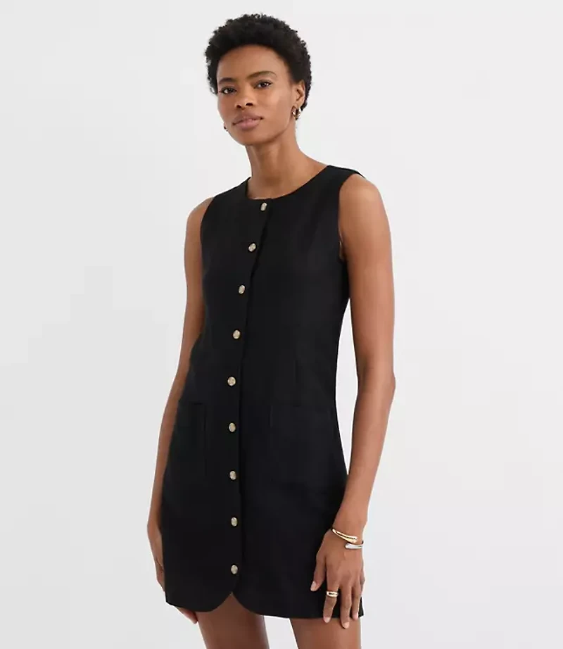 Linen Blend Button Mini Pocket Dress