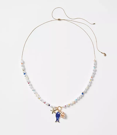 Pearlized Fish & Seashell Pull Tie Necklace
