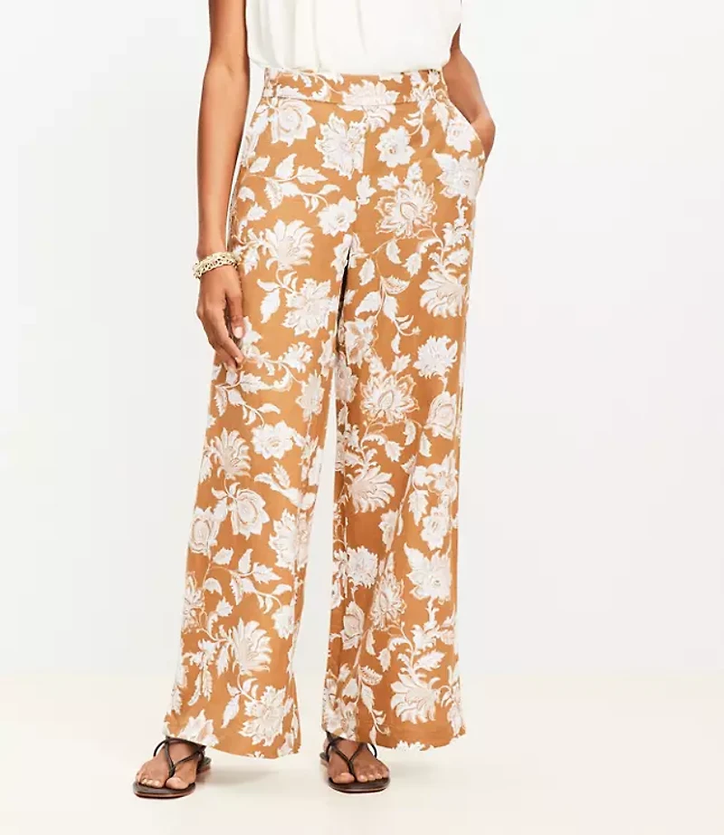Tall Floral Pull On Wide Leg Pants in Linen Blend