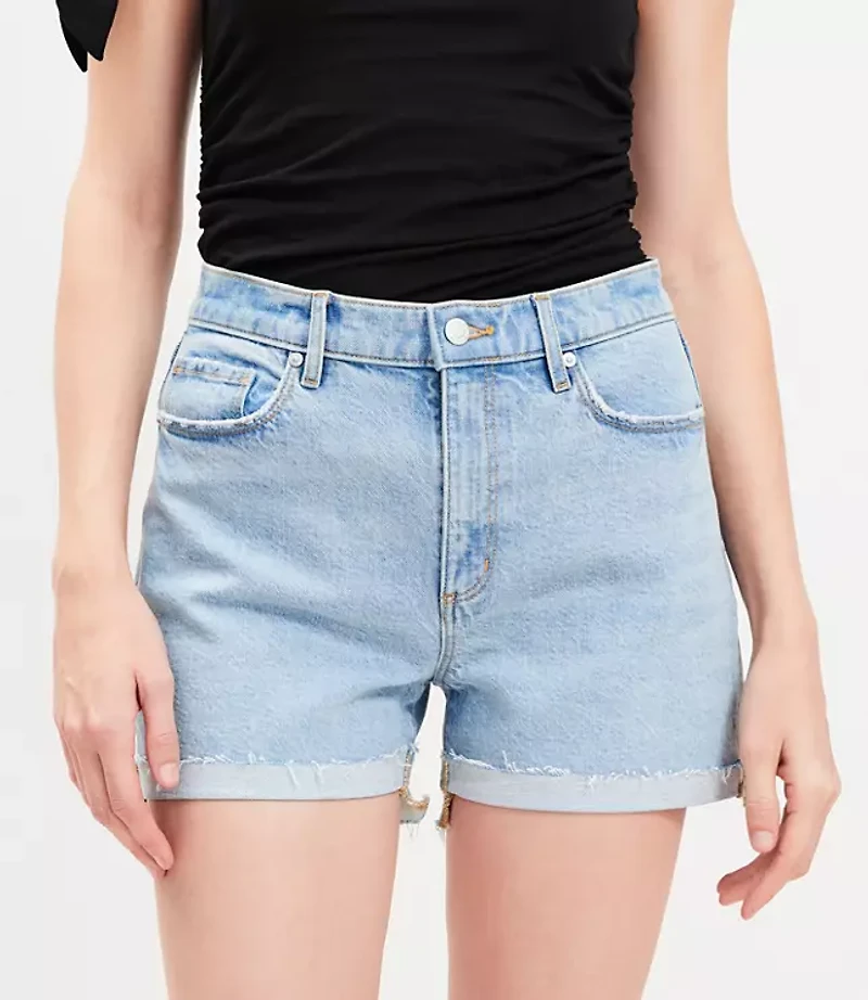 Flip Hem High Rise Cut Off Denim Shorts Light Vintage Indigo Wash