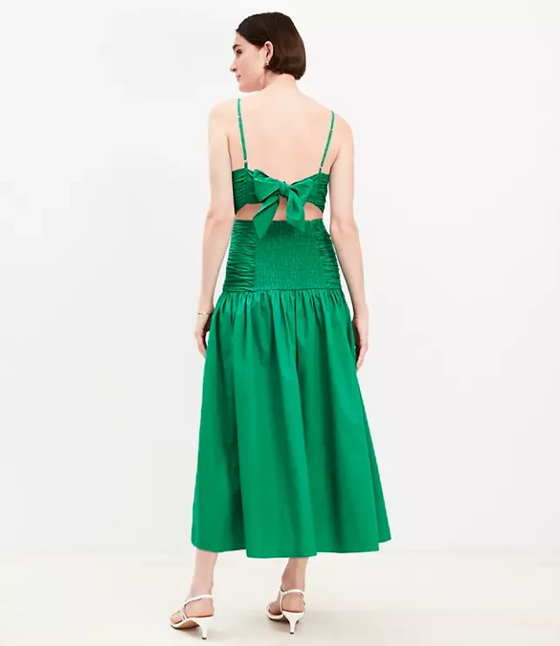 Poplin Cutout Tie Back Ruched Midi Dress