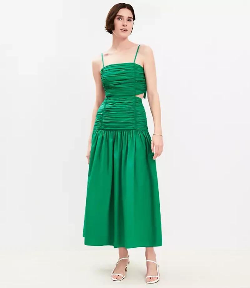 Poplin Cutout Tie Back Ruched Midi Dress