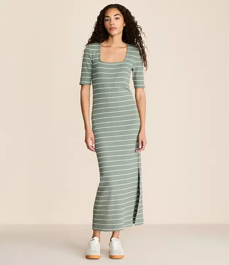 Lou & Grey Stripe Ribbed Maxi Elbow Sleeve Dress