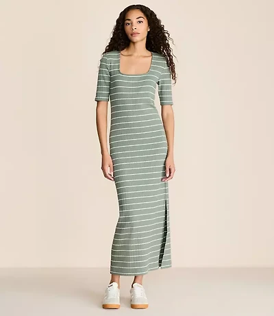 Lou & Grey Stripe Ribbed Maxi Elbow Sleeve Dress