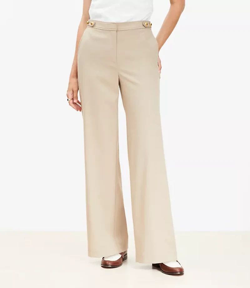Tab Waist Wide Leg Pants Twill
