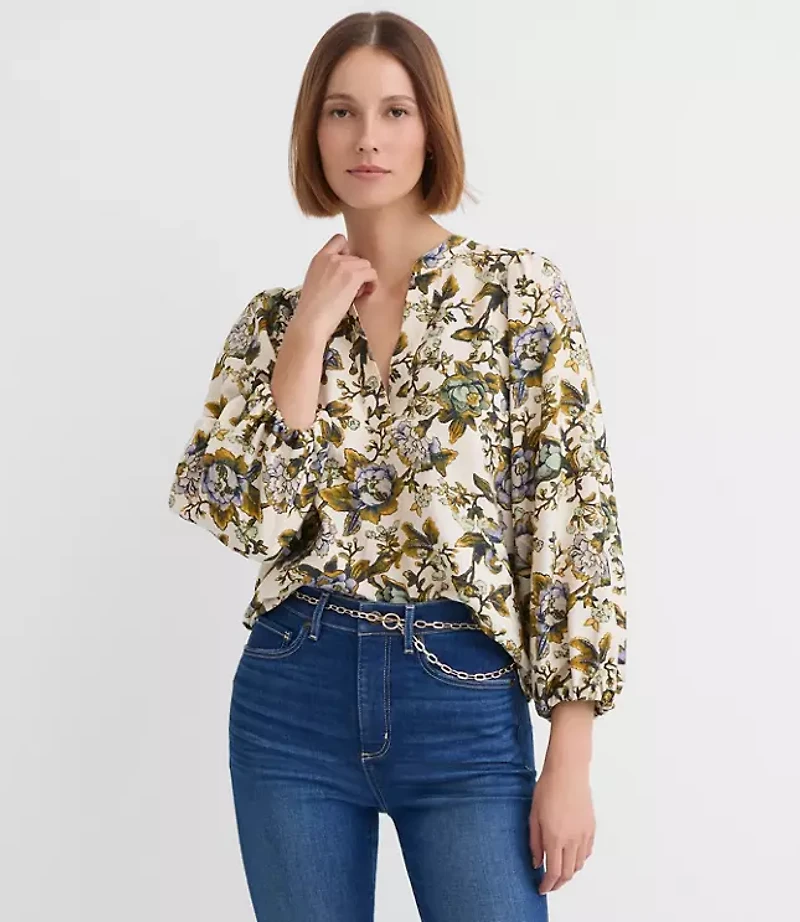 Floral Blouson Sleeve Split Neck Blouse