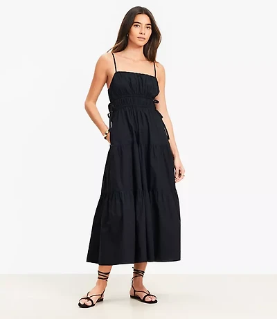 Pleated Side Tie Strappy Midi Pocket Dress