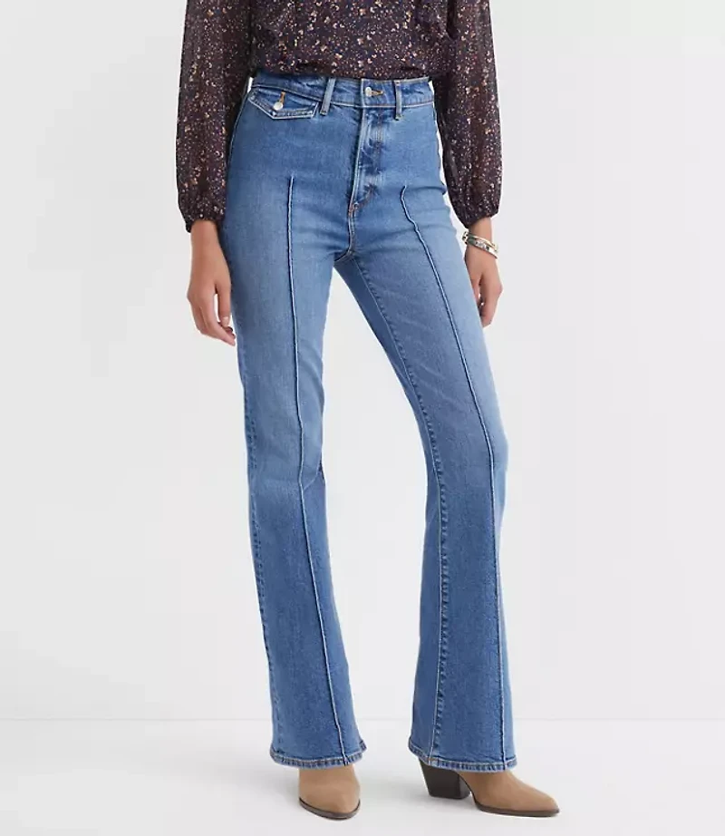Pintucked High Rise Slim Flare Jeans Medium Stone Wash