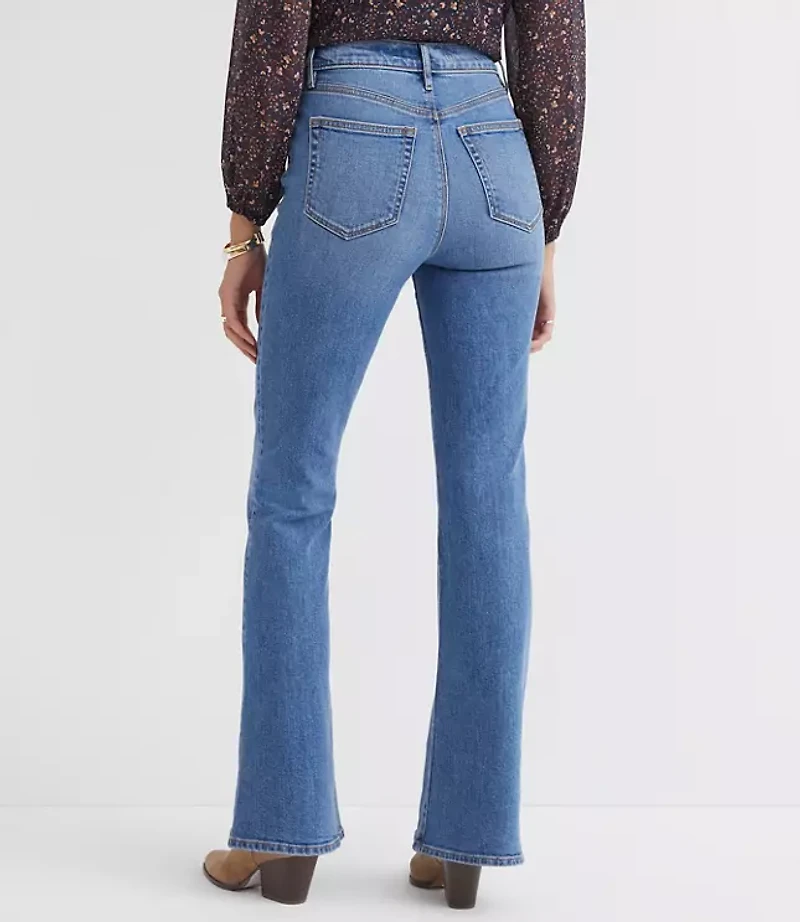 Pintucked High Rise Slim Flare Jeans Medium Stone Wash