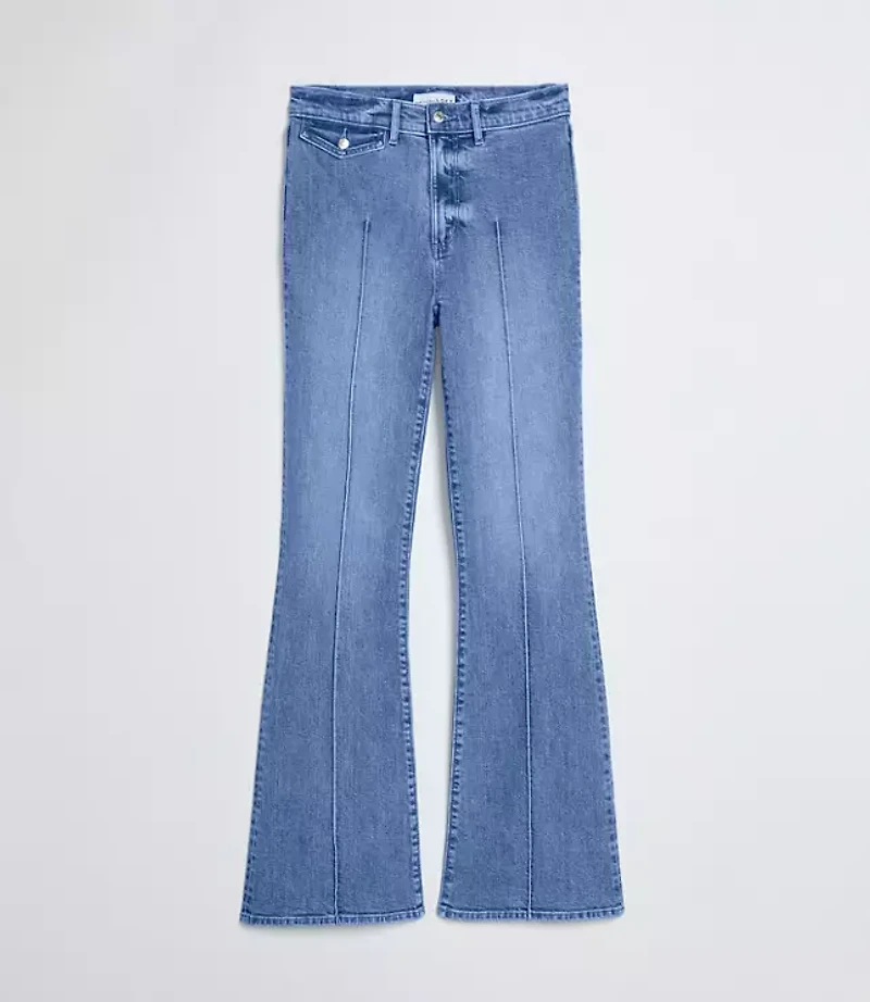 Pintucked High Rise Slim Flare Jeans Medium Stone Wash