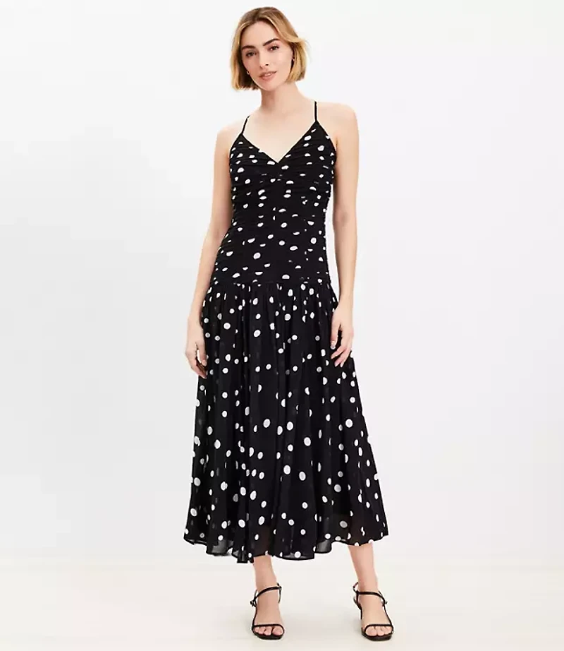Dotted Crisscross Back Ruched Midi Dress