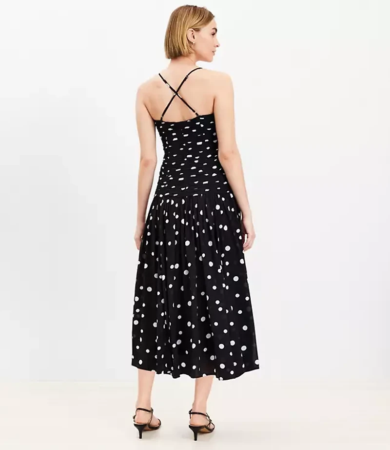 Dotted Crisscross Back Ruched Midi Dress