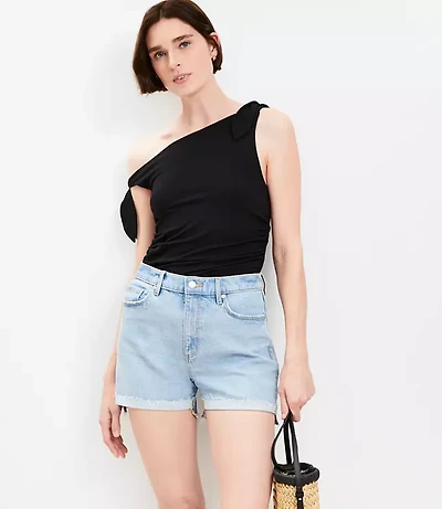 Petite Flip Hem High Rise Cut Off Denim Shorts in Light Vintage Indigo Wash