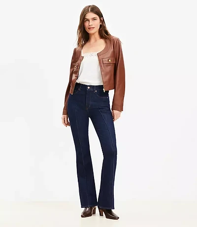 Pintucked High Rise Slim Flare Jeans Classic Rinse Wash