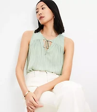 Striped Cutout Tie Neck Mixed Media Shell