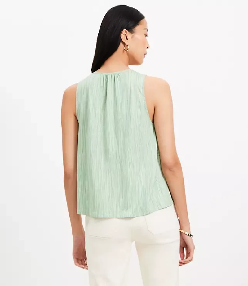 Striped Cutout Tie Neck Mixed Media Shell