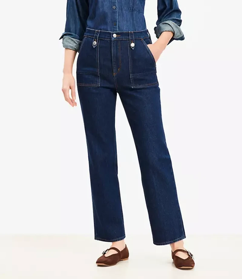High Rise Straight Utility Jeans Mid Indigo Wash