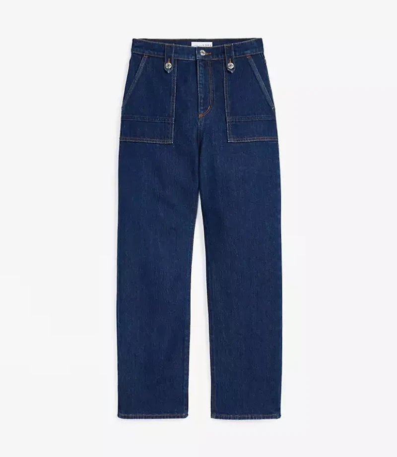 High Rise Straight Utility Jeans Mid Indigo Wash