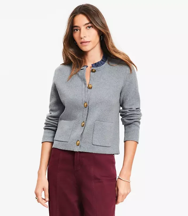 Ruffle Collar Mixed Media Sweater Jacket