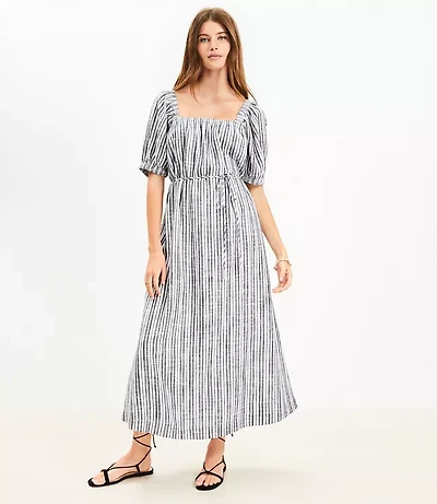 Petite Striped Smocked Square Neck Midi Dress