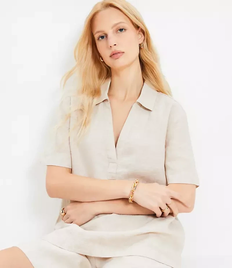 Linen Collared V-Neck Top