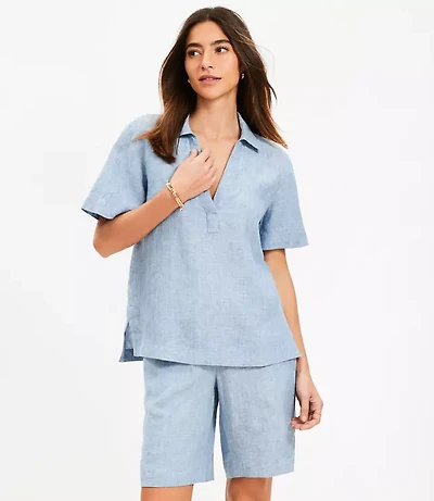 Linen Collared V-Neck Top