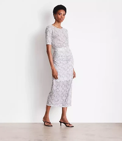 Petite LOFT Versa Snake Print Mesh Ruched Midi Skirt
