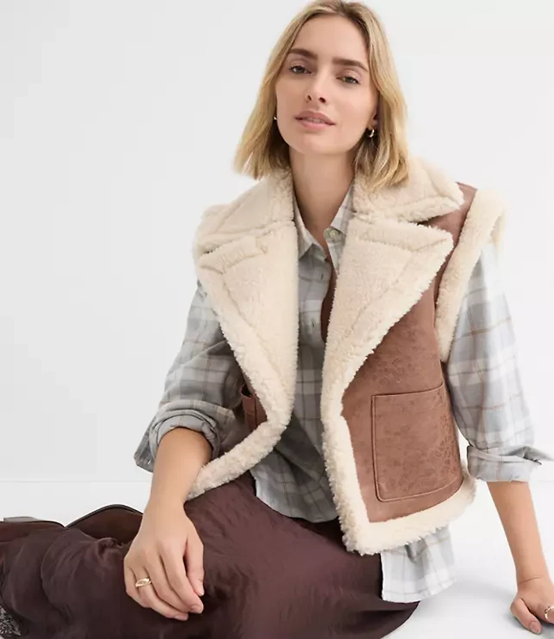 Crackled Faux Suede Sherpa Vest