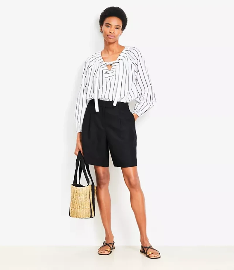 Petite Striped Lace Up Blouse