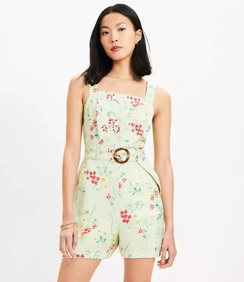 Floral Belted Linen Blend Strappy Romper