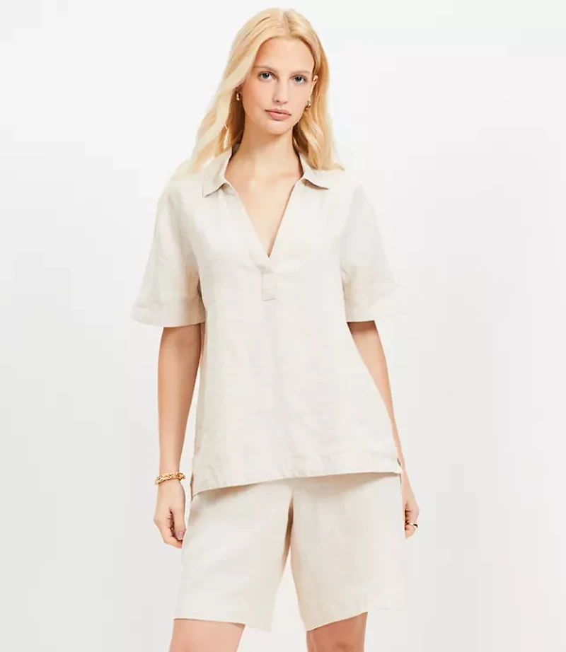 Petite Linen Collared V-Neck Top