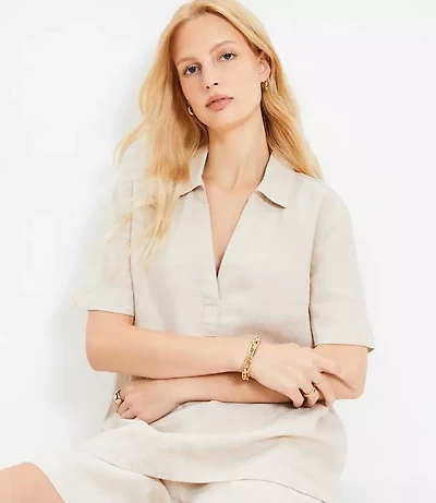 Petite Linen Collared V-Neck Top