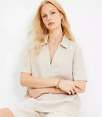 Petite Linen Collared V-Neck Top