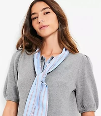 Petite Striped Mixed Media Puff Sleeve Cardigan