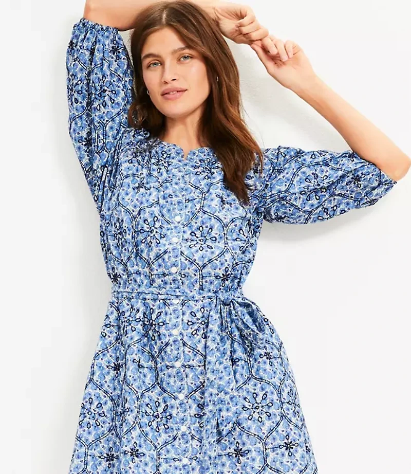 Floral Embroidered Split Neck Mini Shirtdress