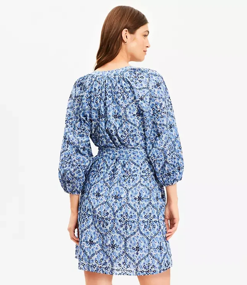Floral Embroidered Split Neck Mini Shirtdress