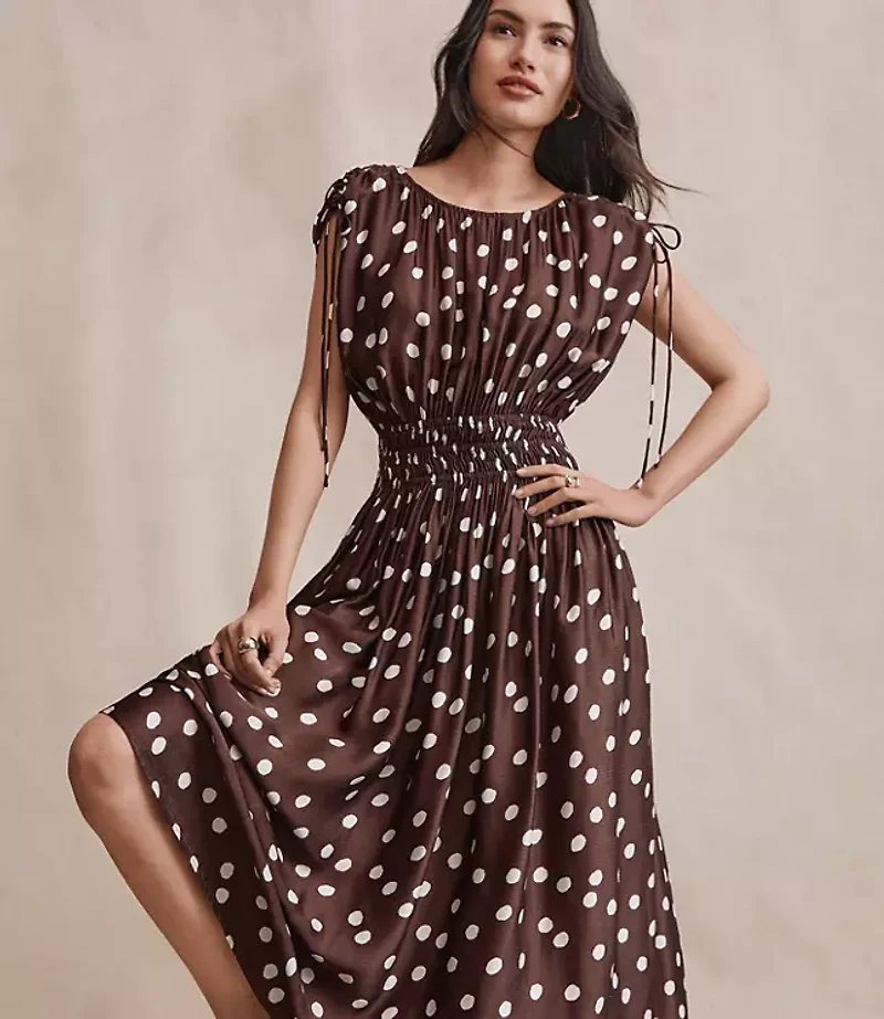 Petite Dotted Satin Shoulder Tie Maxi Dress