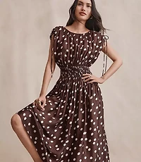 Petite Dotted Satin Shoulder Tie Maxi Dress